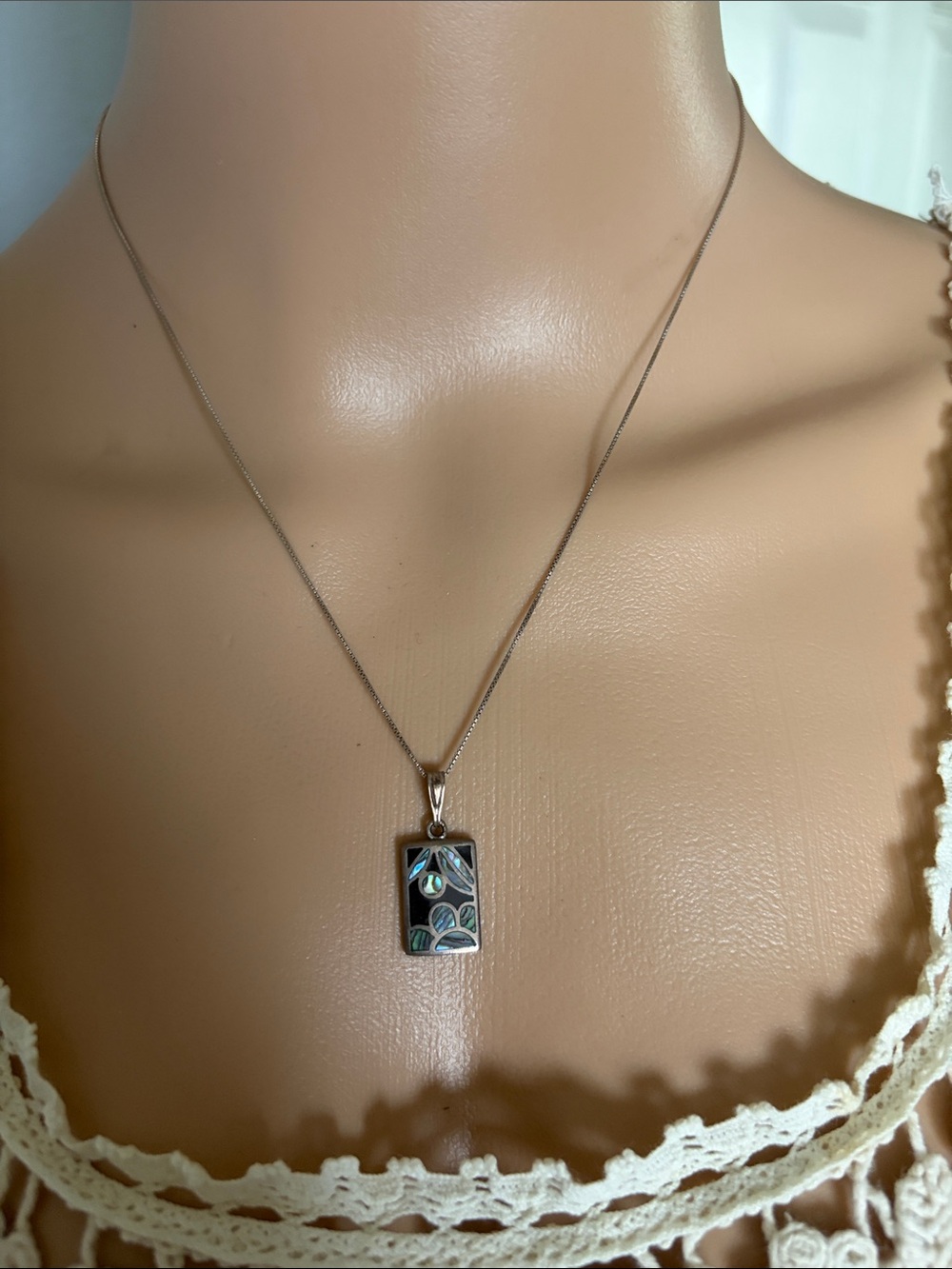 Sterling Silver Rectangular Abalone Inlay Pendant Necklace - Silver